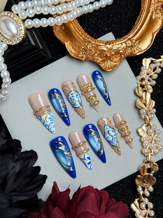 Blue Y2K Cat Eye Floral Handmade Press-On Nails
