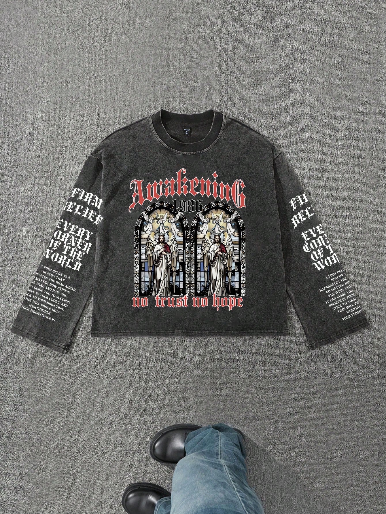 Men Acid Wash Retro Jesus Graphic Long Sleeve T-Shirt
