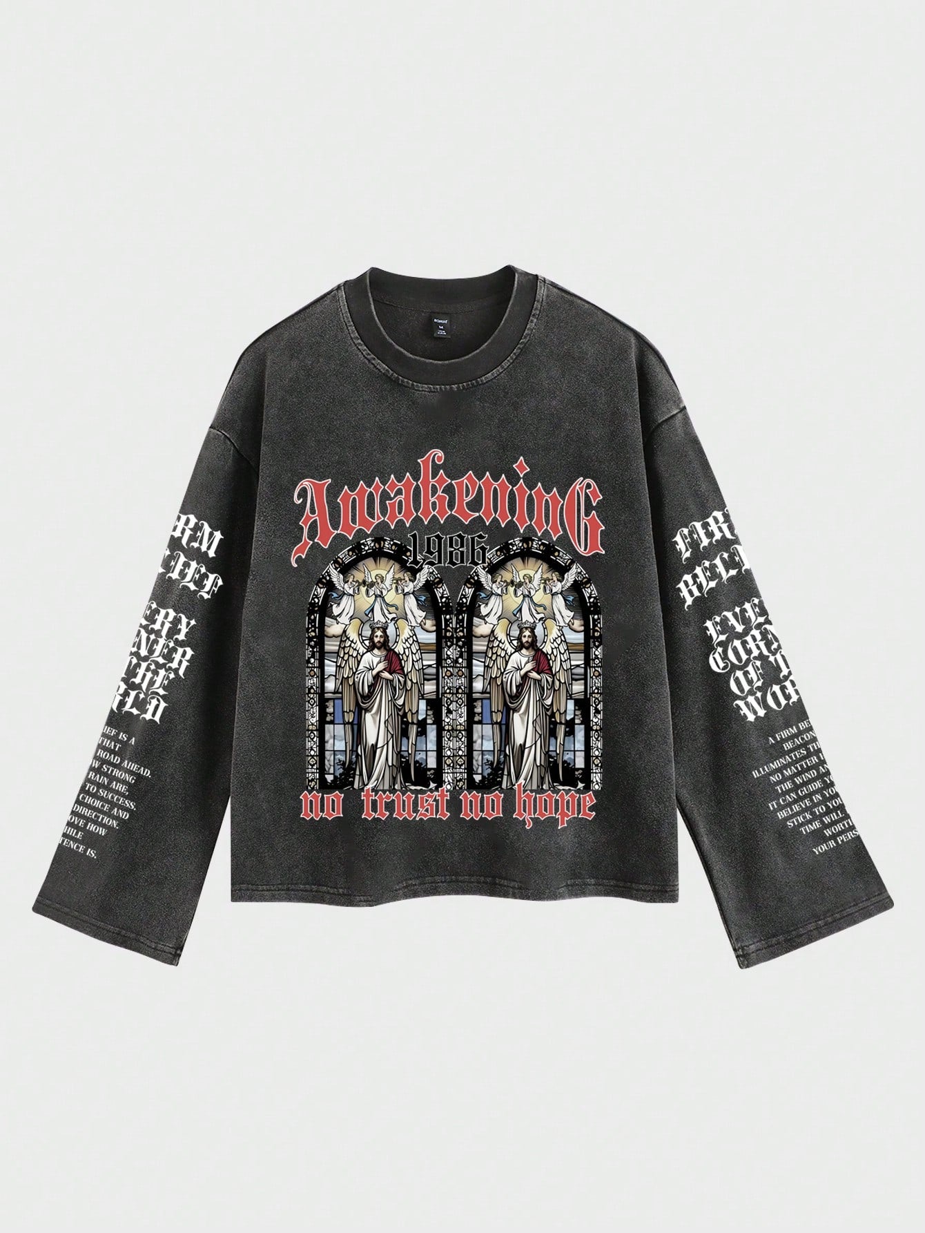 Men Acid Wash Retro Jesus Graphic Long Sleeve T-Shirt