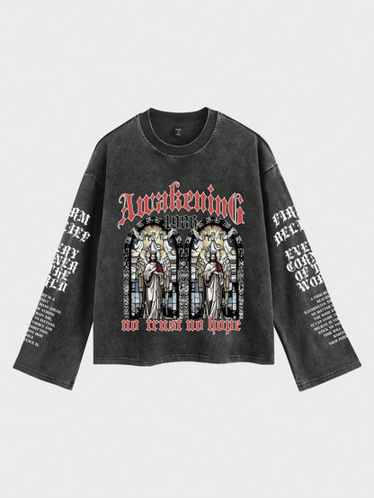 Men Acid Wash Retro Jesus Graphic Long Sleeve T-Shirt