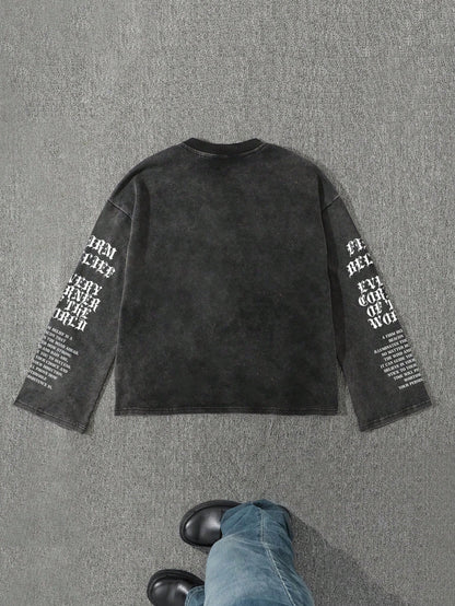 Men Acid Wash Retro Jesus Graphic Long Sleeve T-Shirt