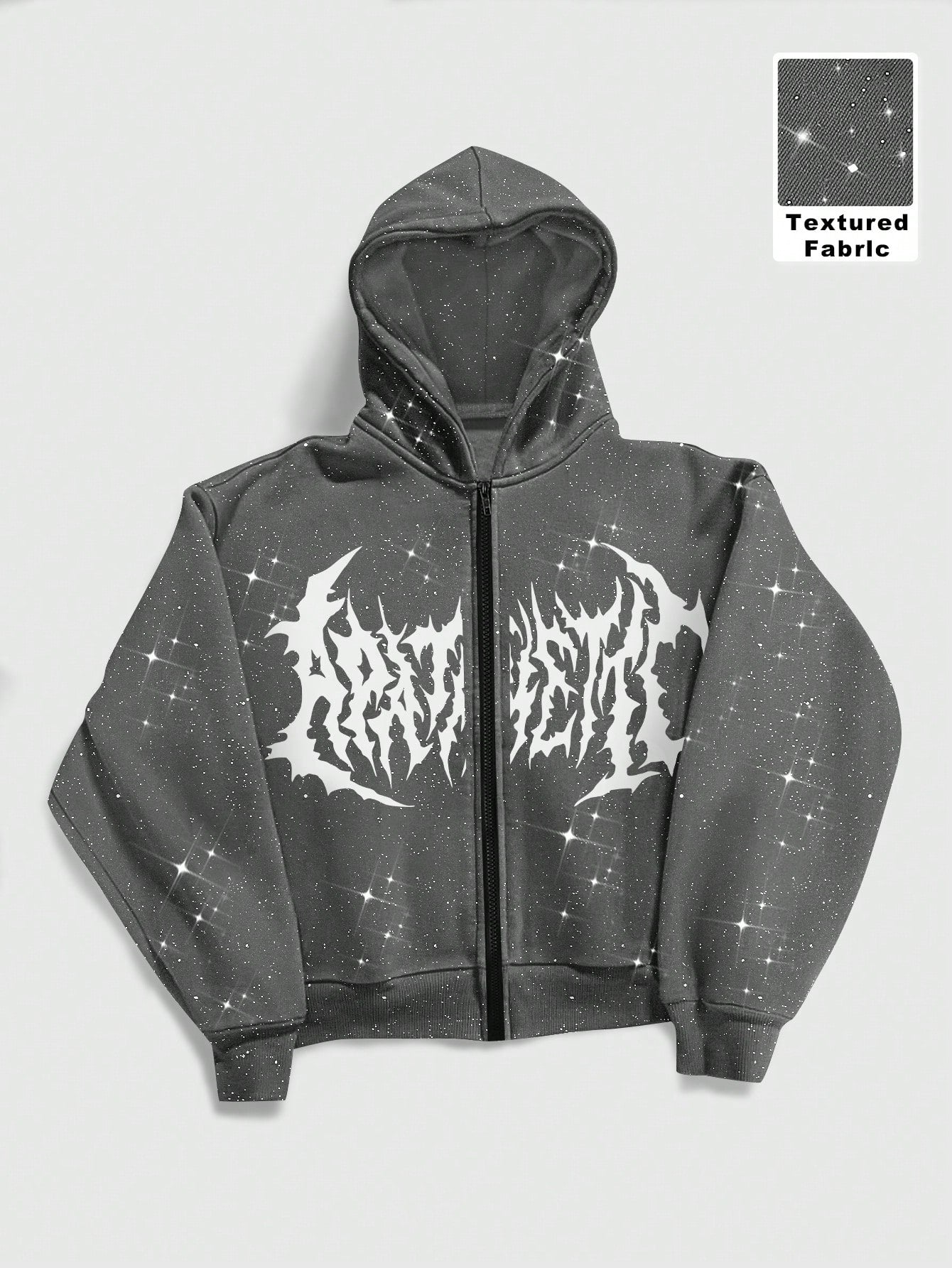 Men's Shiny Gothic Print Zip-Front Y2K Long Sleeve Hoodie
