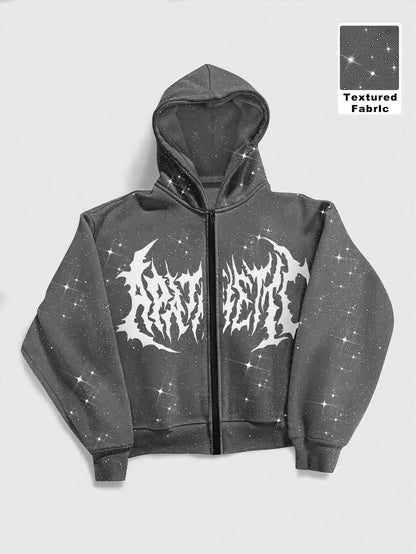 Men's Shiny Gothic Print Zip-Front Y2K Long Sleeve Hoodie