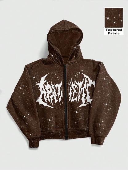 Men's Shiny Gothic Print Zip-Front Y2K Long Sleeve Hoodie