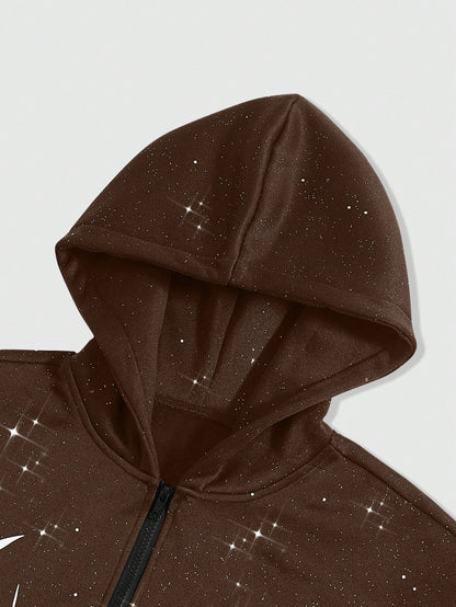 Men's Shiny Gothic Print Zip-Front Y2K Long Sleeve Hoodie