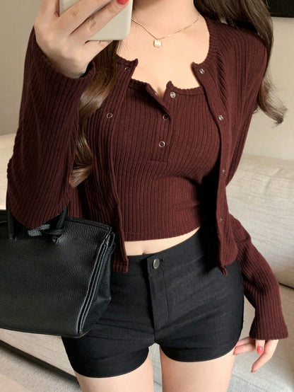 Unique 2pcs Women Fuzzy Camisole Top & Cardigan Set