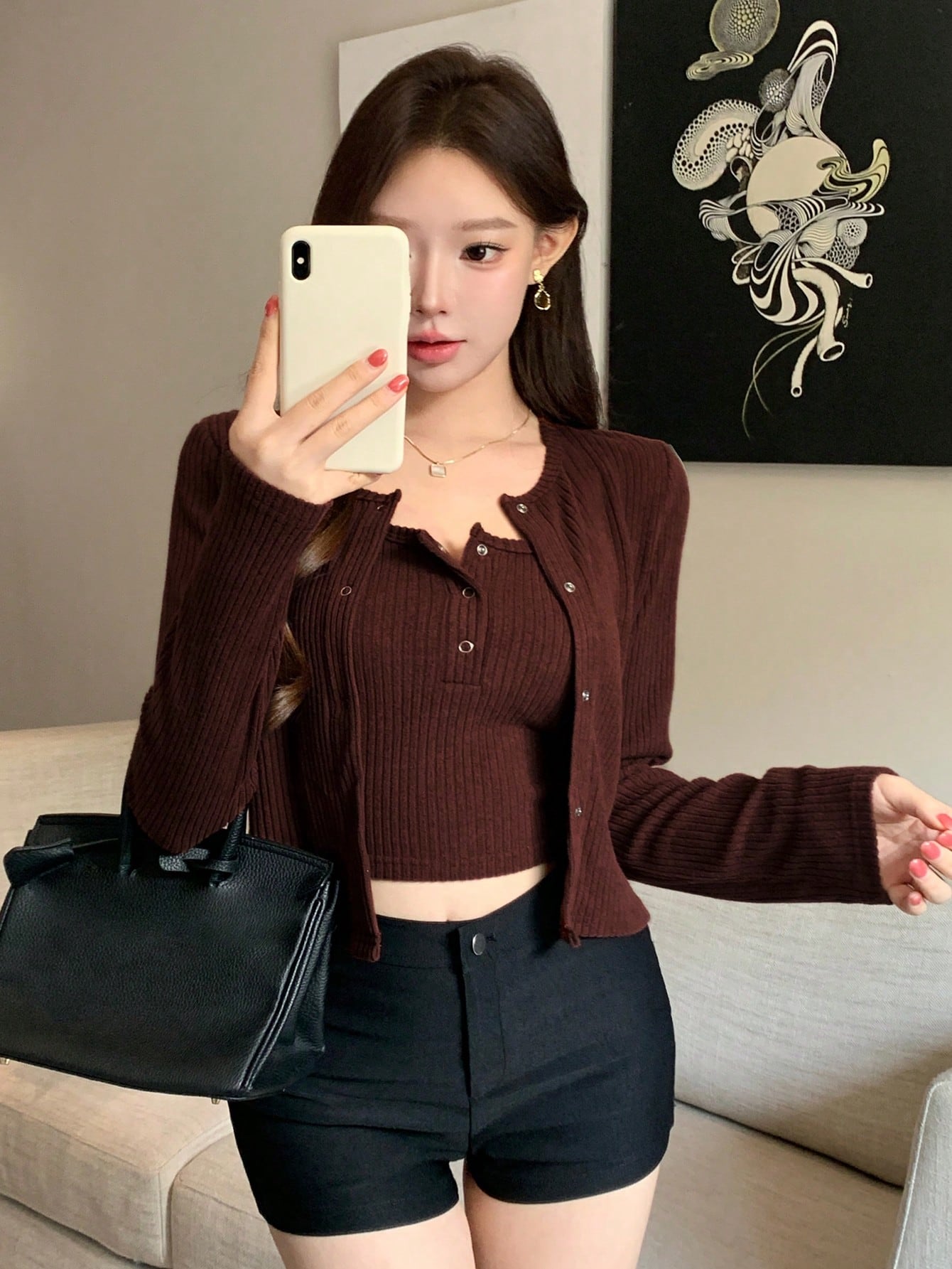 Unique 2pcs Women Fuzzy Camisole Top & Cardigan Set