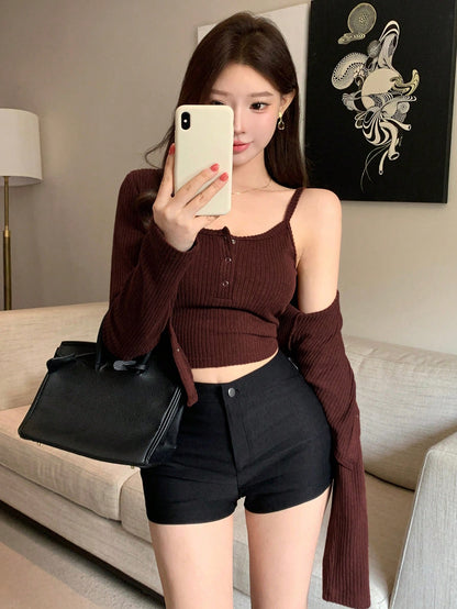 Unique 2pcs Women Fuzzy Camisole Top & Cardigan Set