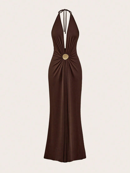 Women's Sexy Burgundy Halter Bodycon Maxi Dress