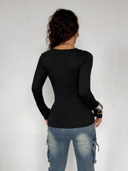 Gothic Graphic Print V-Neck Long Sleeve T-Shirt