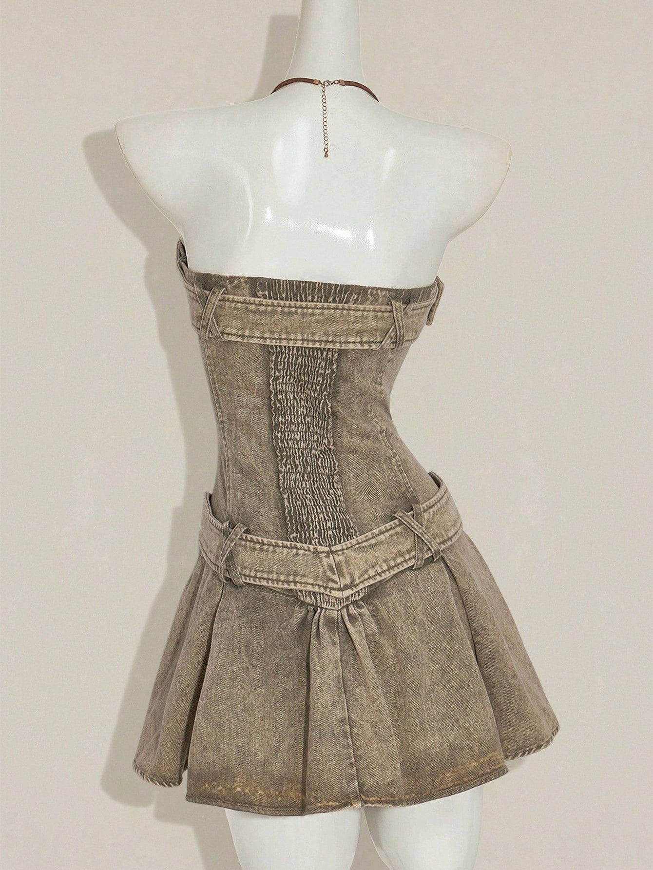 Y2K Olive Green Denim Strapless Pleated Mini Dress