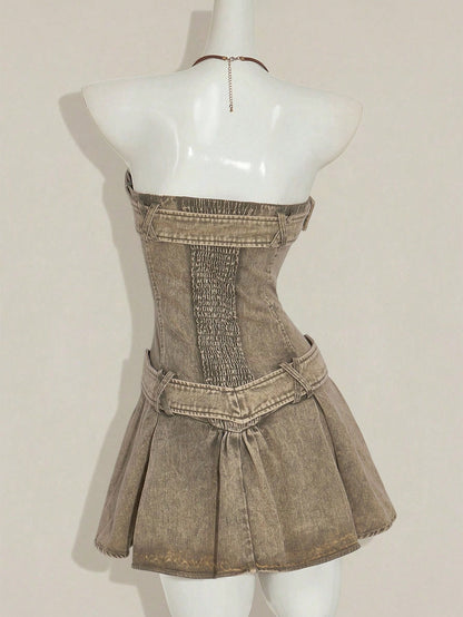 Y2K Olive Green Denim Strapless Pleated Mini Dress