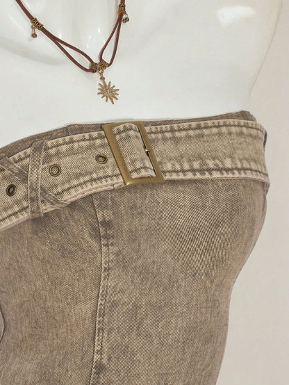 Y2K Olive Green Denim Strapless Pleated Mini Dress