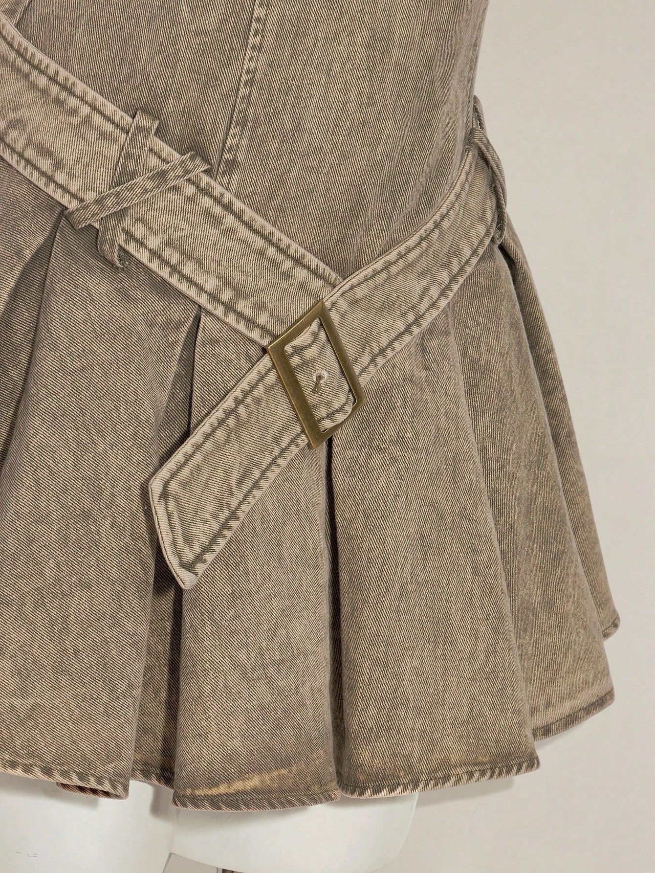 Y2K Olive Green Denim Strapless Pleated Mini Dress