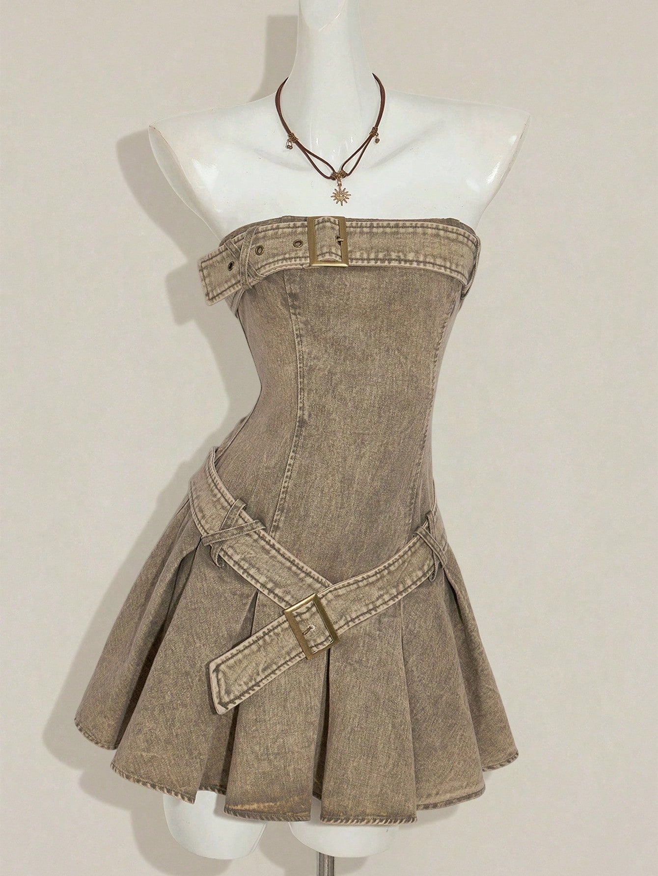 Y2K Olive Green Denim Strapless Pleated Mini Dress