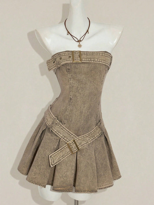 Y2K Olive Green Denim Strapless Pleated Mini Dress