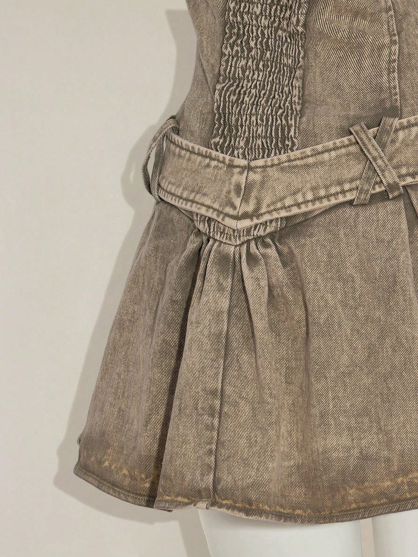 Y2K Olive Green Denim Strapless Pleated Mini Dress