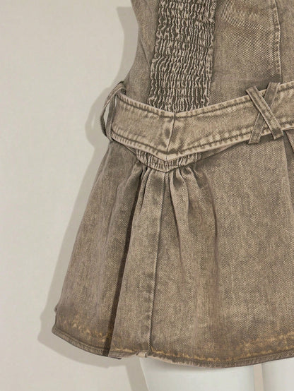 Y2K Olive Green Denim Strapless Pleated Mini Dress