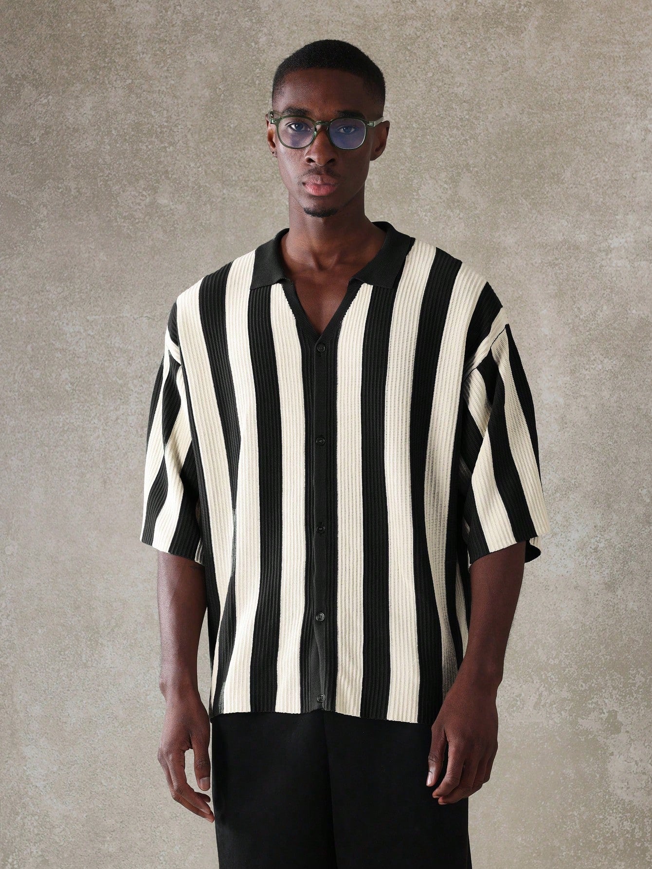 Relaxed Vertical Stripe Knitted Polo Shirt