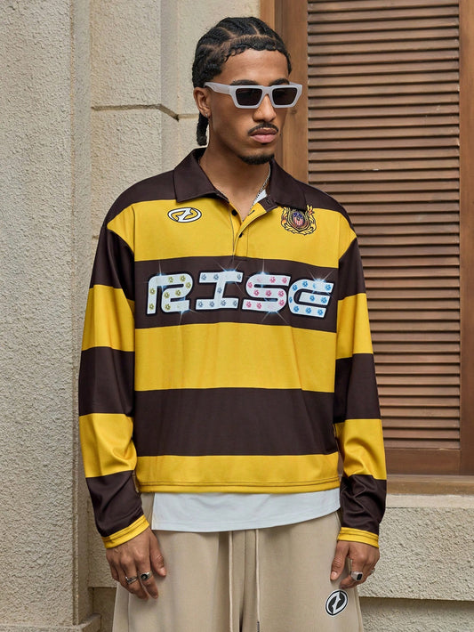 Men's Striped Letter Print Polo Shirt