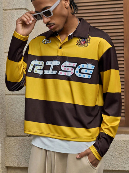 Men's Striped Letter Print Polo Shirt