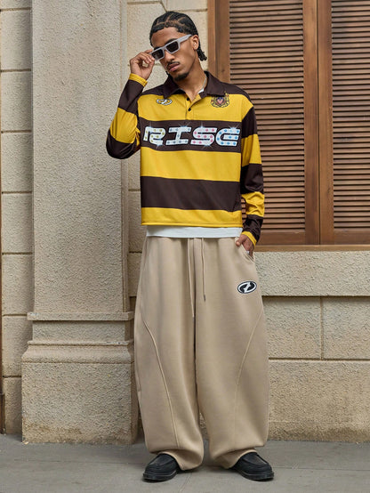 Men's Striped Letter Print Polo Shirt