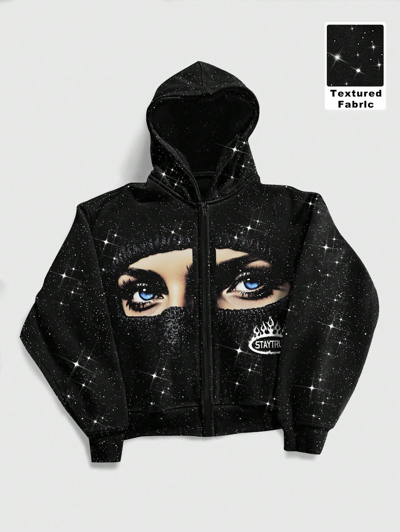 Men's Shiny Gothic Print Zip-Front Y2K Long Sleeve Hoodie