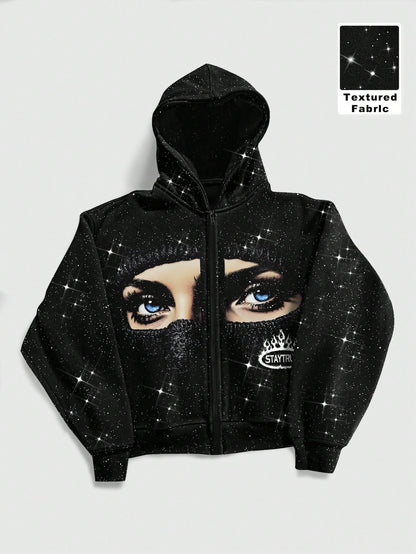 Men's Shiny Gothic Print Zip-Front Y2K Long Sleeve Hoodie