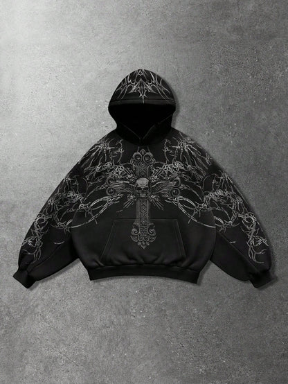 Men's Skull Cross Print Goth Y2K Long Sleeve Hoodie