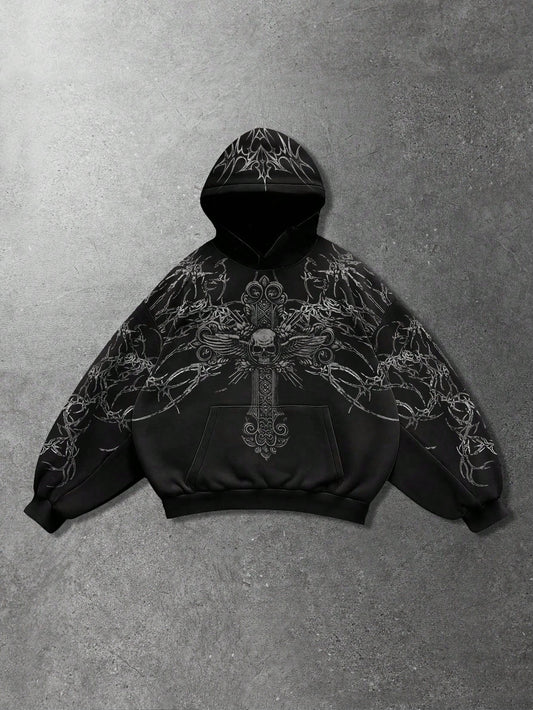 Men's Skull Cross Print Goth Y2K Long Sleeve Hoodie