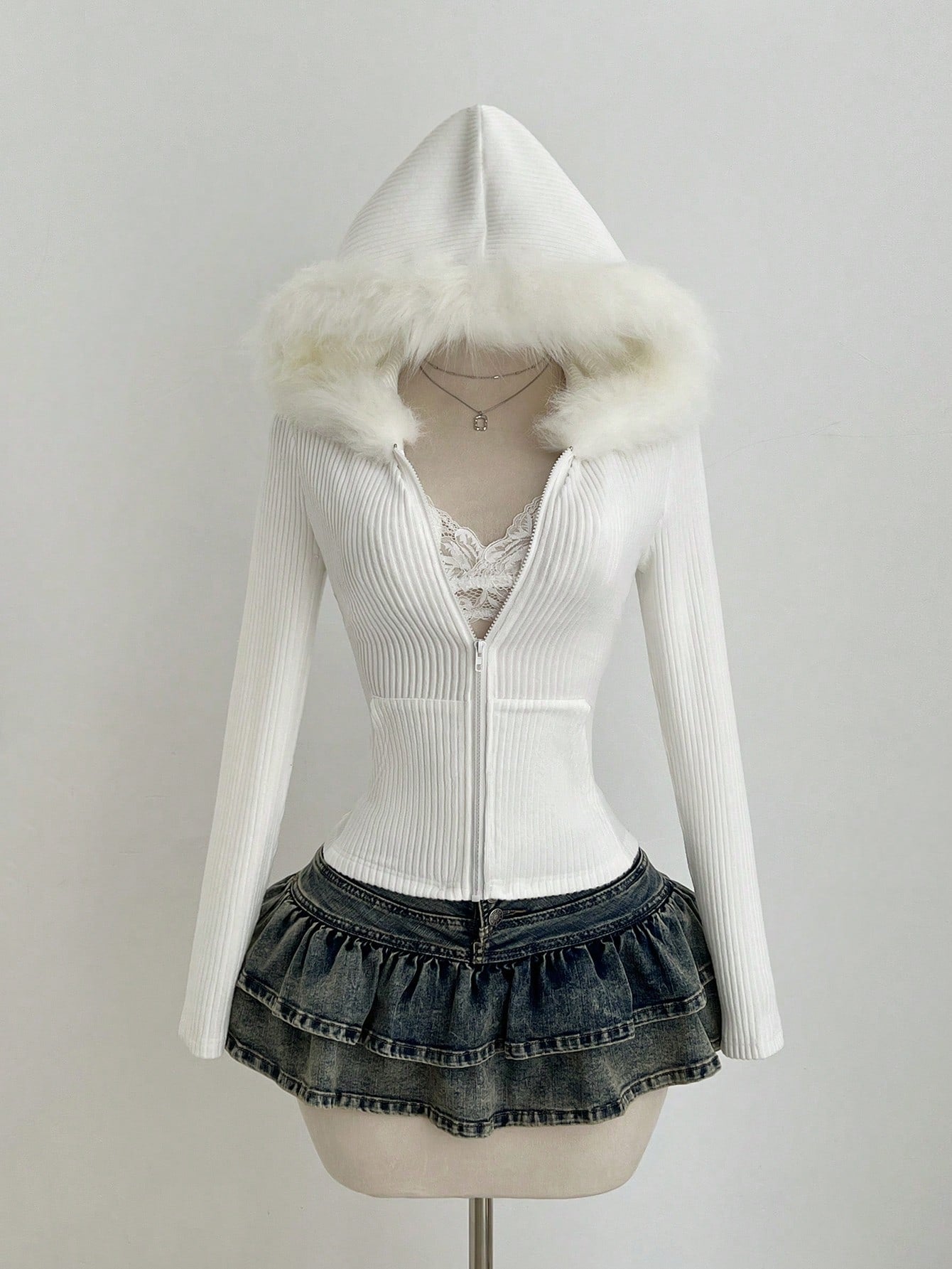 Elamini White Faux Fur Zip-Up Hoodie