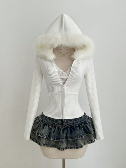 Elamini White Faux Fur Zip-Up Hoodie