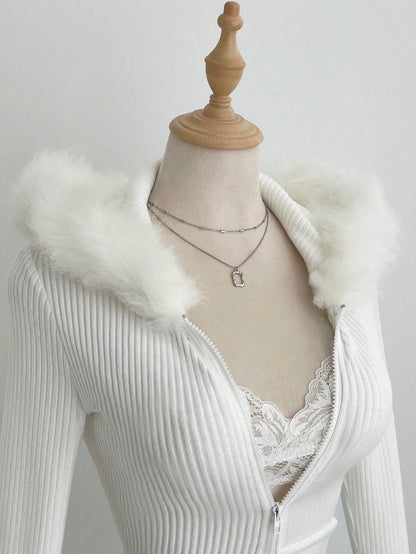 Elamini White Faux Fur Zip-Up Hoodie