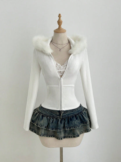 Elamini White Faux Fur Zip-Up Hoodie