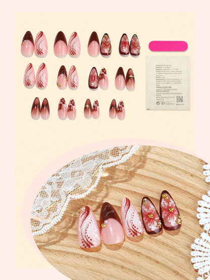 24pcs 3D Floral & Gold Water Drop Almond Press-On Nails