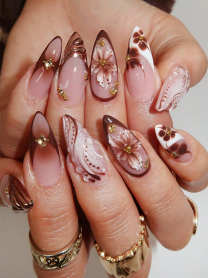 24pcs 3D Floral & Gold Water Drop Almond Press-On Nails