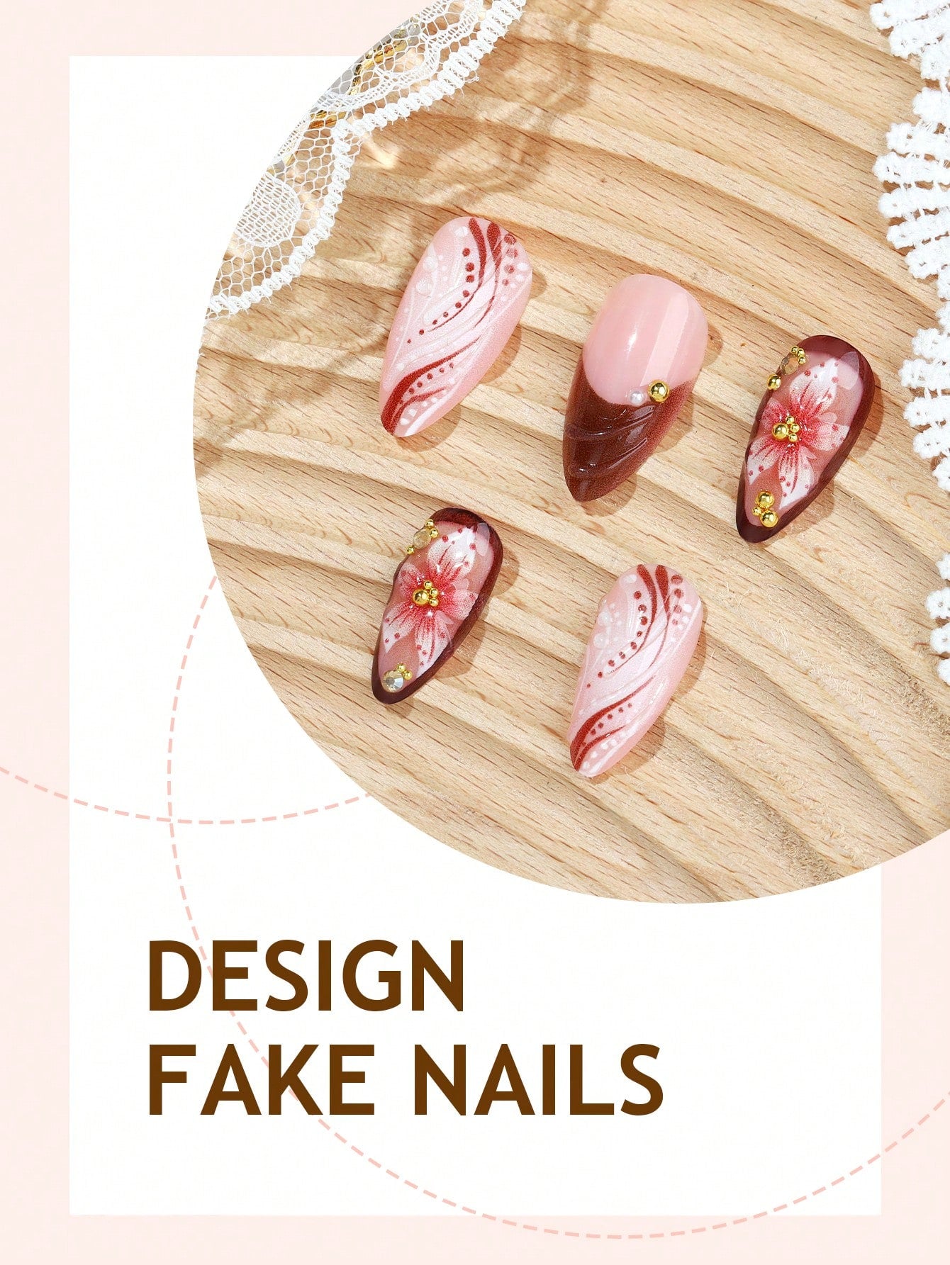 24pcs 3D Floral & Gold Water Drop Almond Press-On Nails