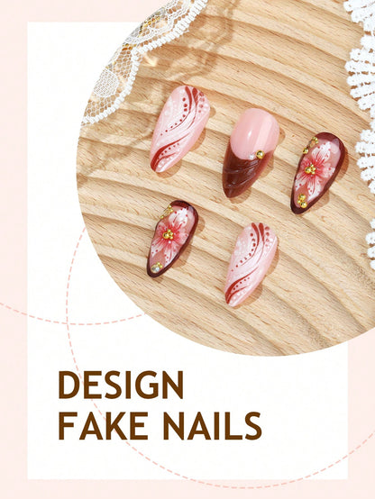 24pcs 3D Floral & Gold Water Drop Almond Press-On Nails