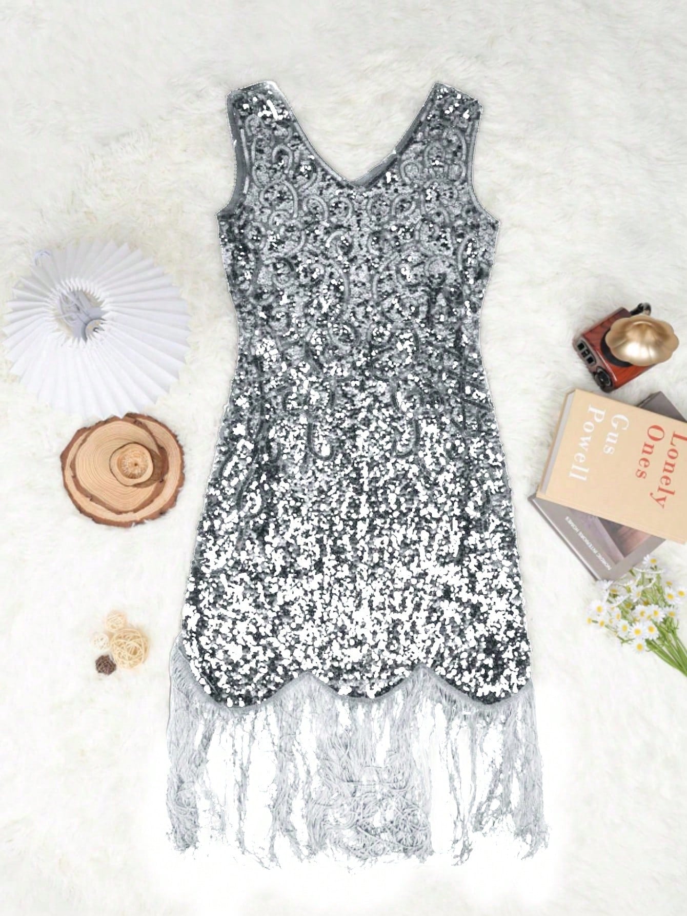Silver Sequin Fringe Midi Dress V-Neck Bodycon Party