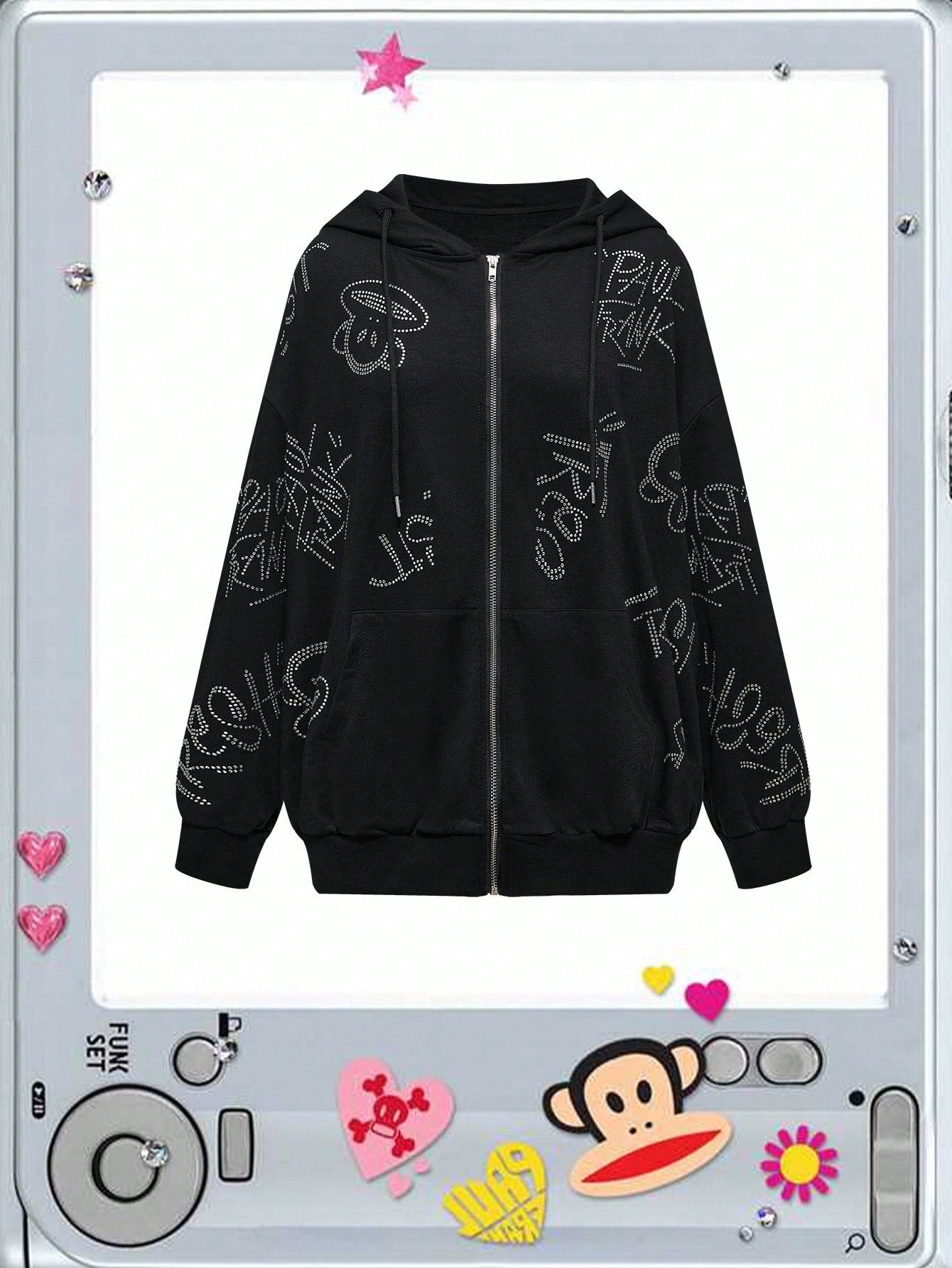 Paul Frank X ROMWE Rhinestone Zip Hoodie