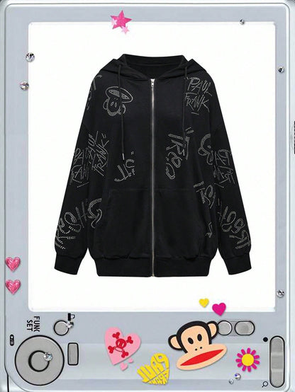 Paul Frank X ROMWE Rhinestone Zip Hoodie