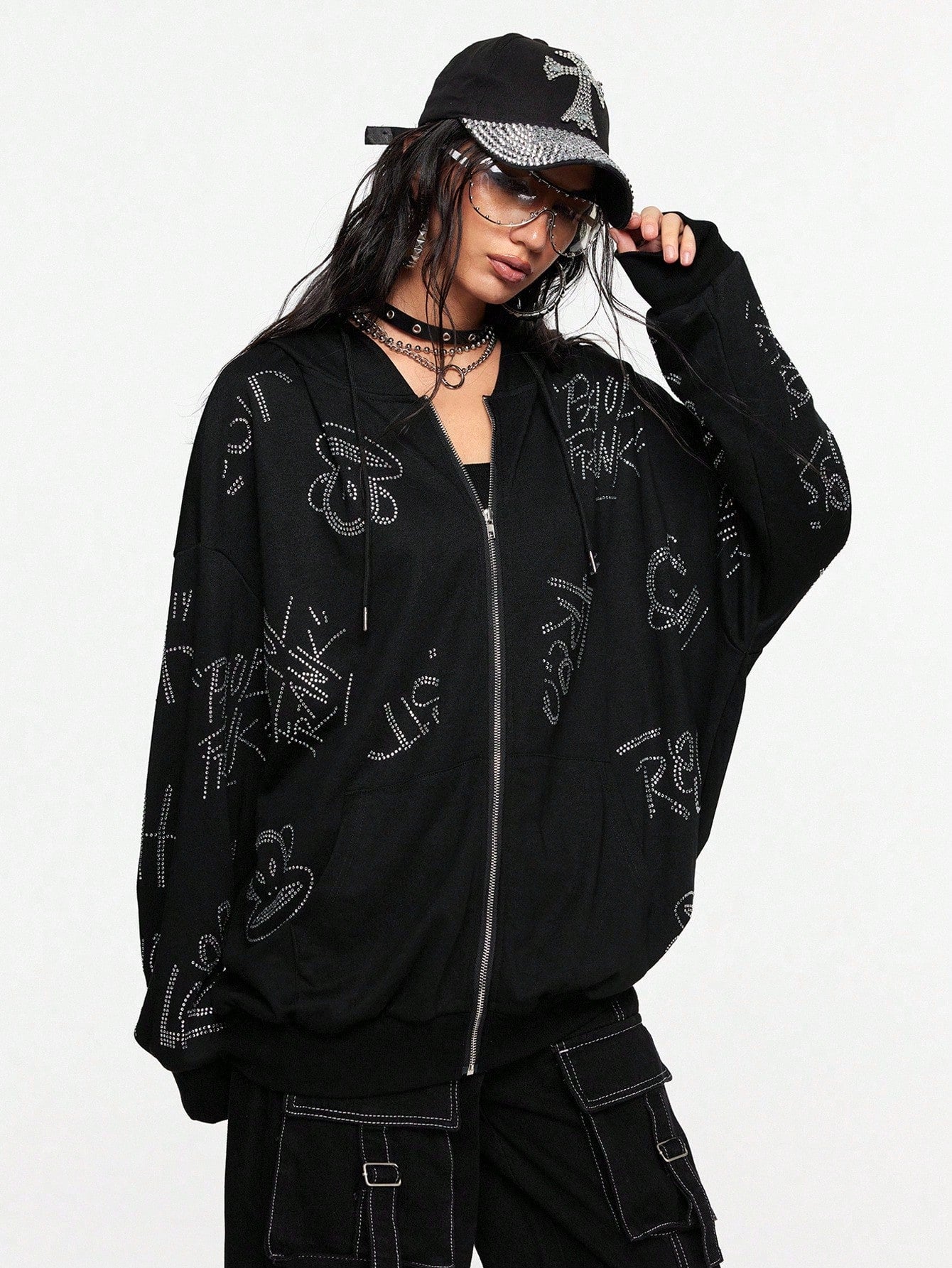 Paul Frank X ROMWE Rhinestone Zip Hoodie