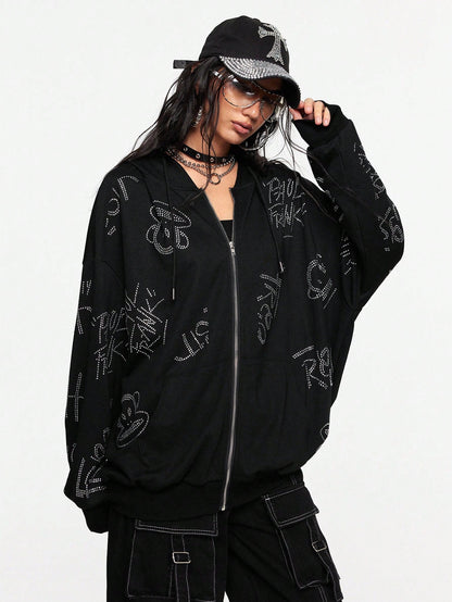 Paul Frank X ROMWE Rhinestone Zip Hoodie