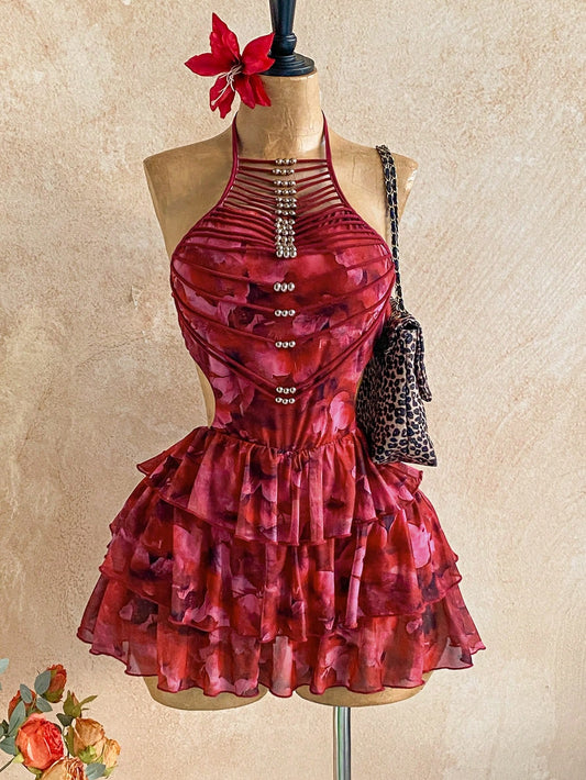 Boho Rusty Rose Halter Backless Tiered Mini Dress