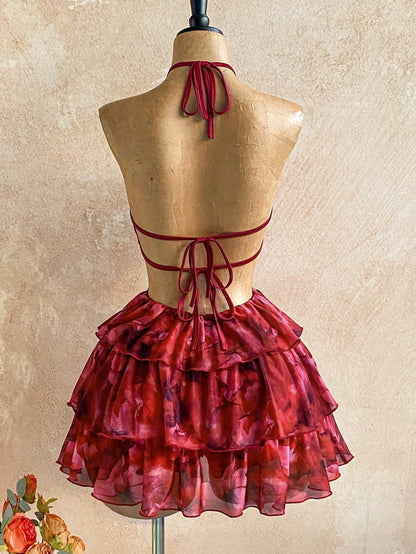 Boho Rusty Rose Halter Backless Tiered Mini Dress