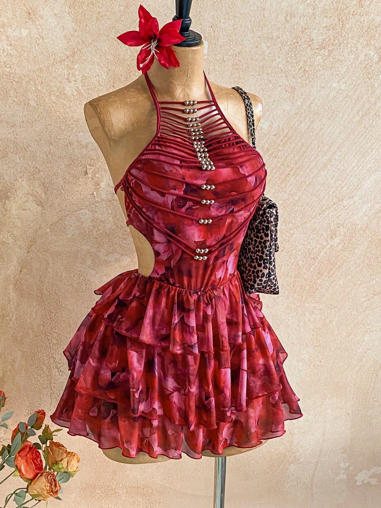 Boho Rusty Rose Halter Backless Tiered Mini Dress