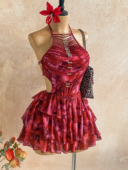 Boho Rusty Rose Halter Backless Tiered Mini Dress