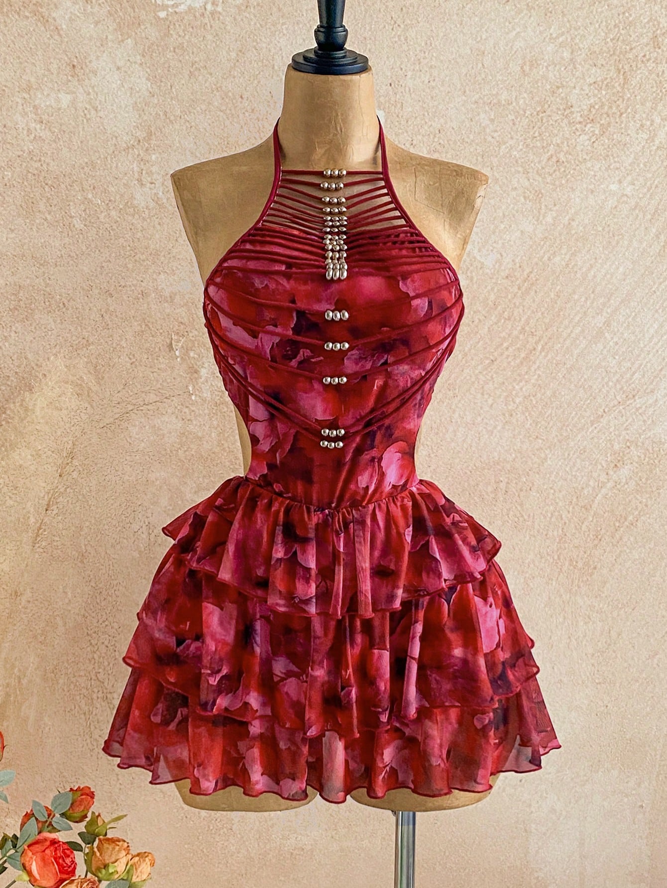 Boho Rusty Rose Halter Backless Tiered Mini Dress