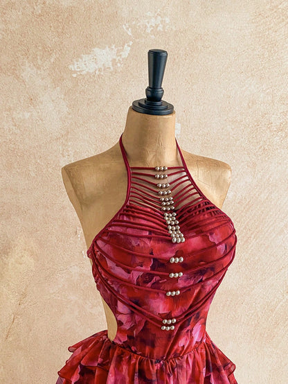 Boho Rusty Rose Halter Backless Tiered Mini Dress