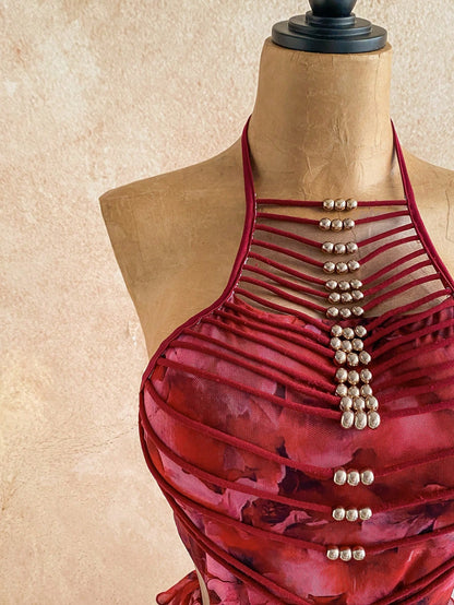Boho Rusty Rose Halter Backless Tiered Mini Dress